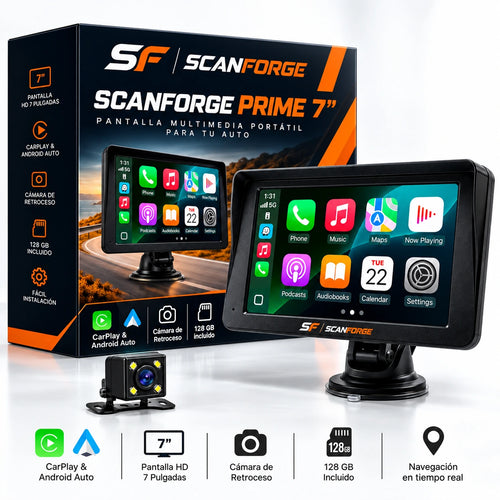 Scanforge Prime 7" – Pantalla Portátil con Apple CarPlay, Android Auto y Cámara de Retroceso